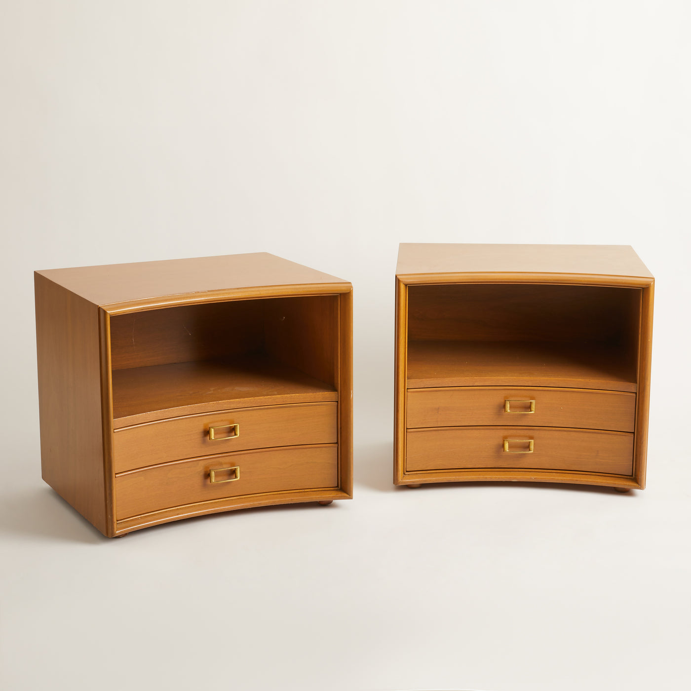 Pair of Light Wood Nightstands with Brass Pulls