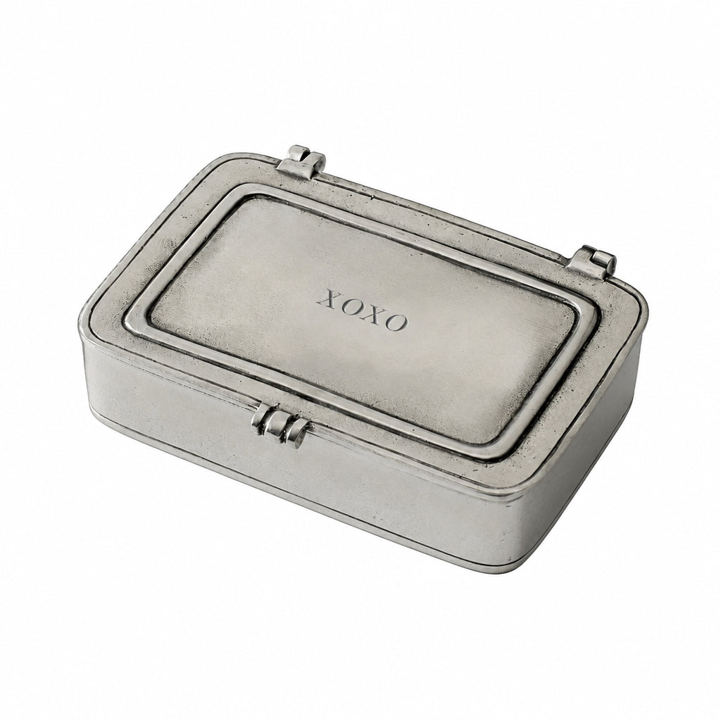 Pewter lidded box with "XOXO" quote engraved on the lid