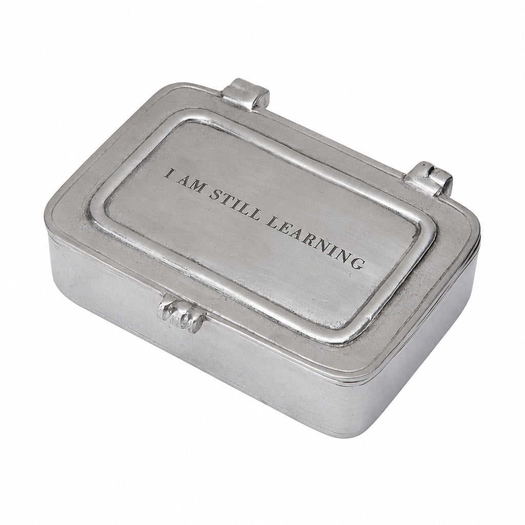 Pewter Lidded box with "I am Still Learning" quote engraved on it