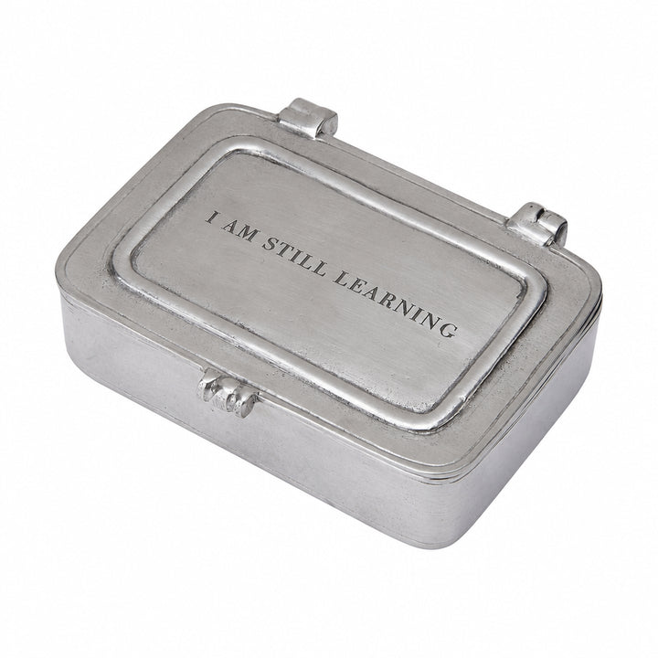 Pewter Lidded box with "I am Still Learning" quote engraved on it