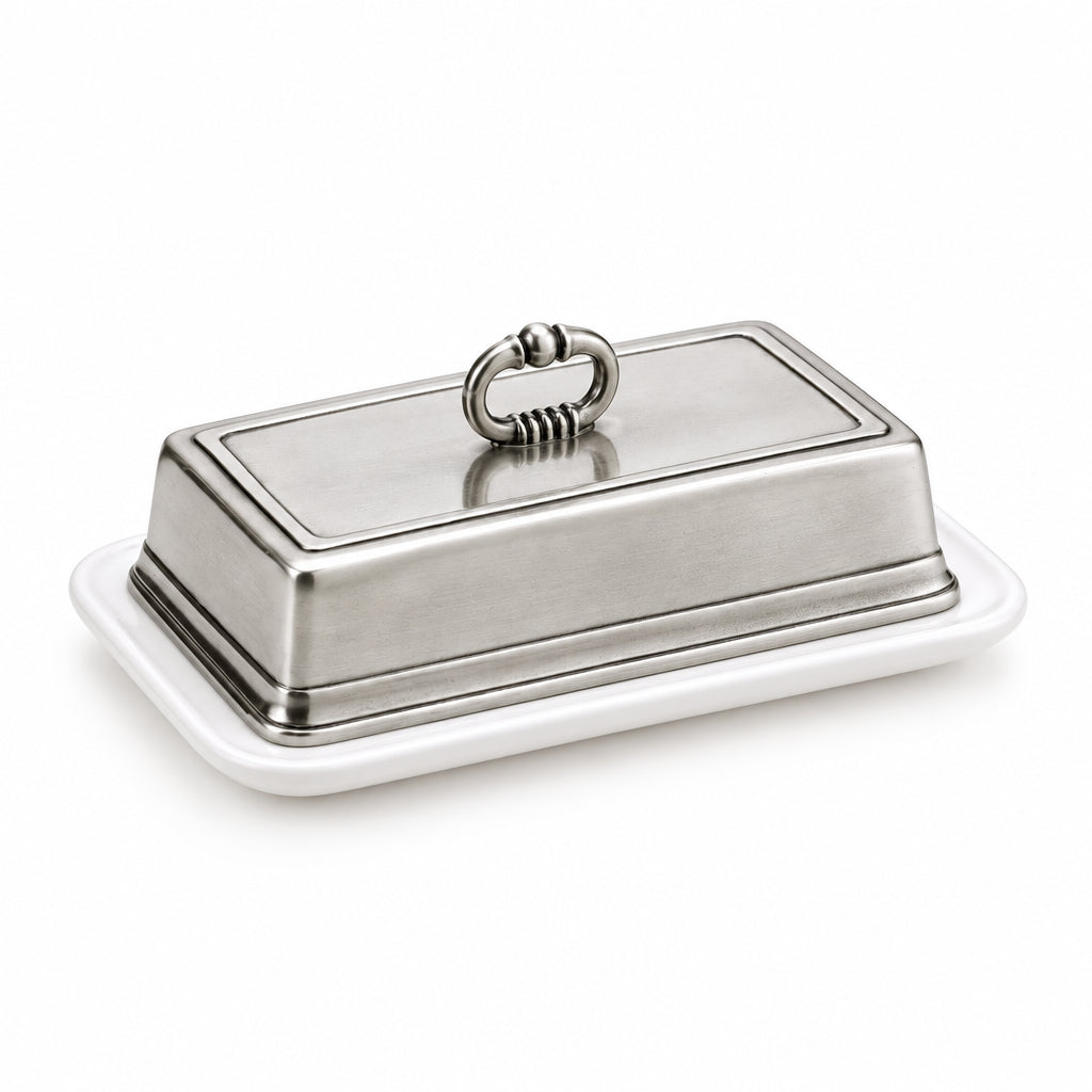 Pewter Lidded Butter Disk on white ceramic tray
