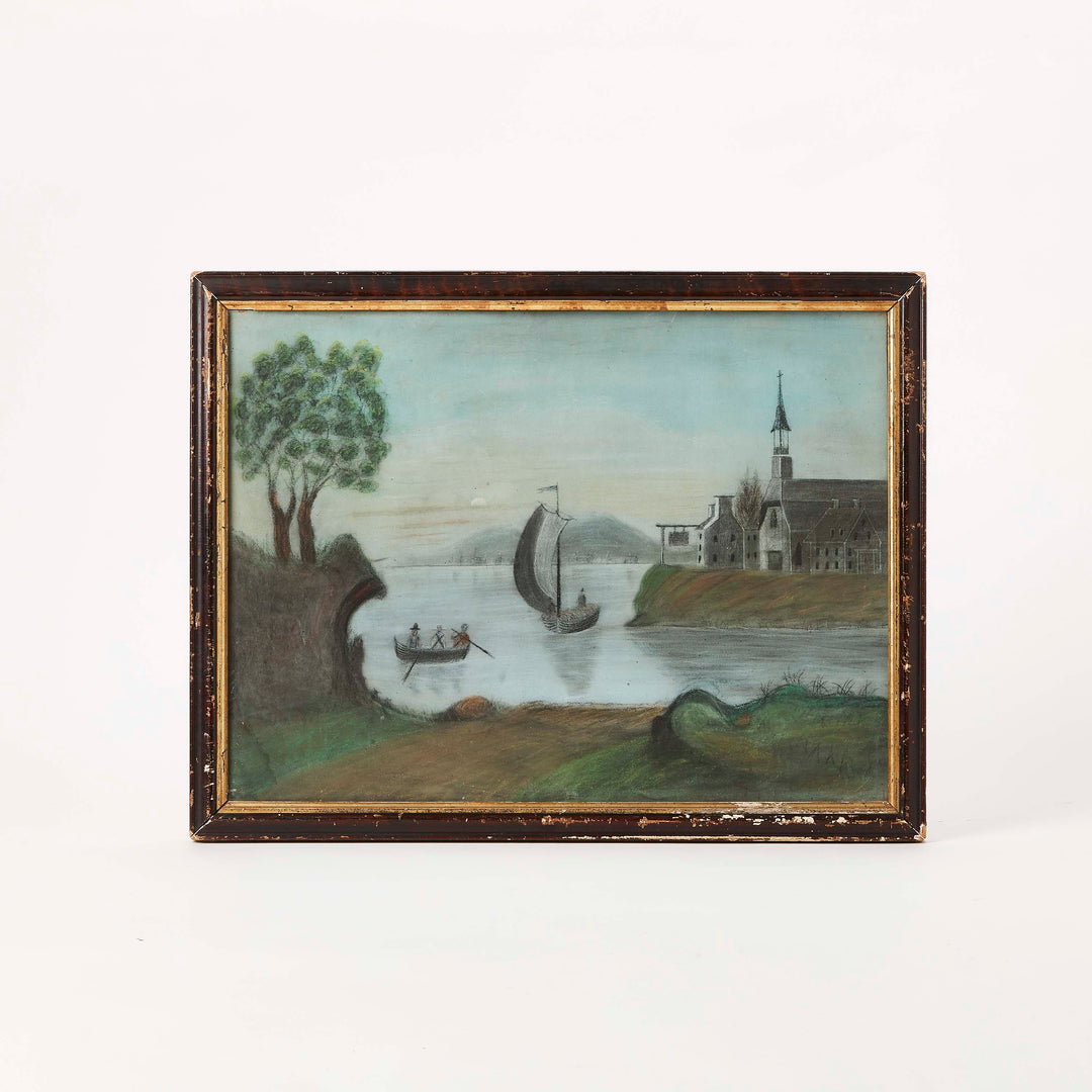 19th C. Pennsylvania Folk Art Sandpaper Painting - Narrative River Scene with Rowers and Original Blown Glass