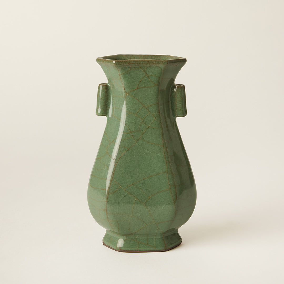 Hexagonal Celadon Crackle Glazed Ceramic Vase, Chinese, c. Mid 20th century