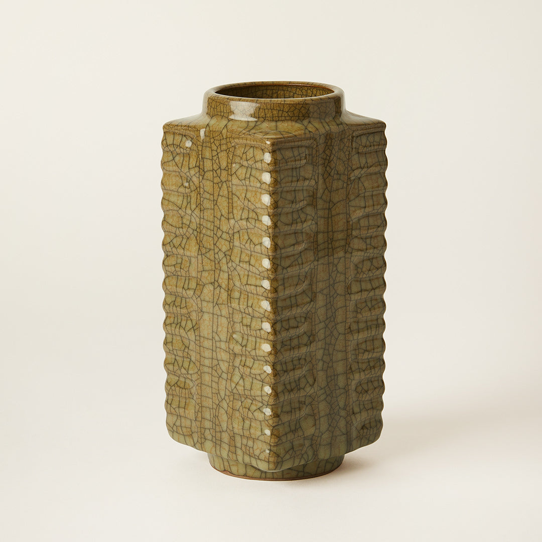 Rectangle Ribbed Crackle Glaze Ceramic Vase, Chinese,  c. Mid 20th century