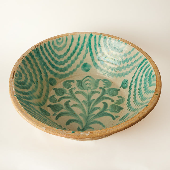 Large Green Spanish Earthenware Lebrillo from Fajalauza