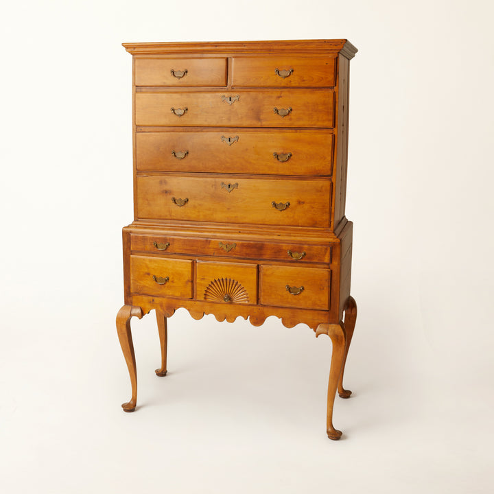 Antique 18th-century New England Queen Anne Maple Highboy with fan carving and cabriole legs.