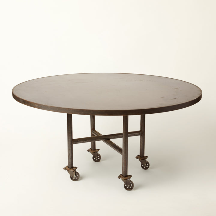 Industrial Style Round Metal Table on Casters