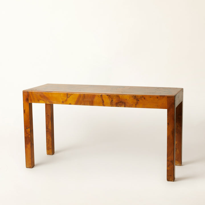 Mid century Italian burl wood console table with patchwork veneer top