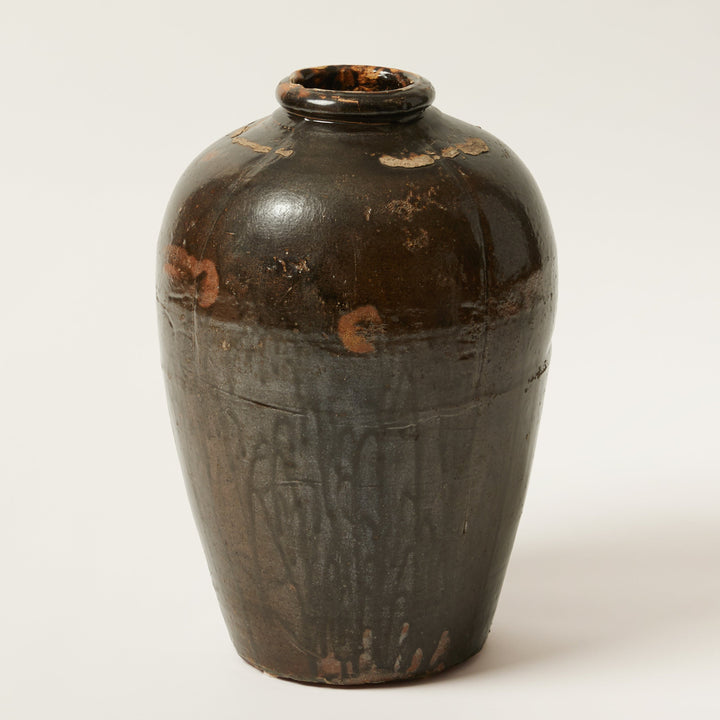 Dark Brown Chinese antique ceramic jar with brown accents 