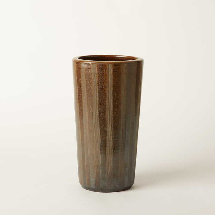 Brown Ceramic Vase with Carved Design