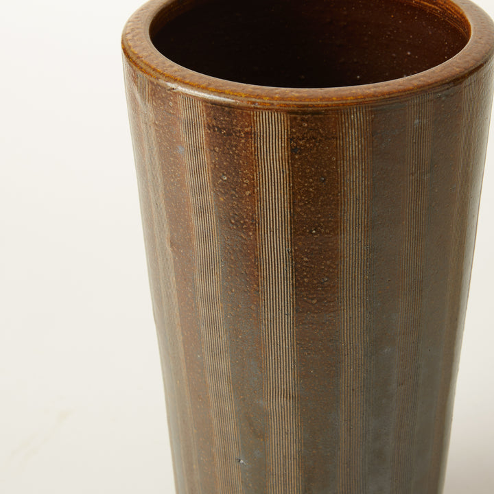 Brown Ceramic Vase with Carved Design