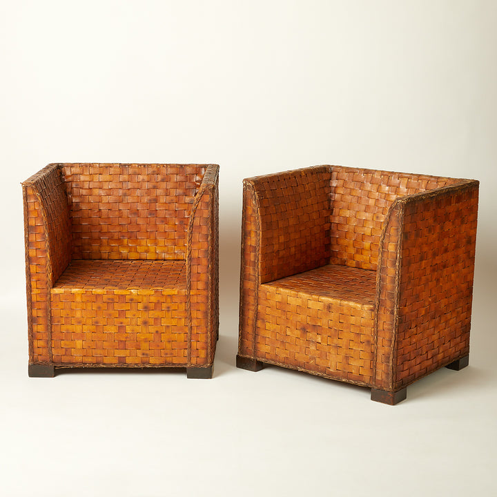Pair of Rare Spanish Woven Leather Arm Chairs c. 1950s