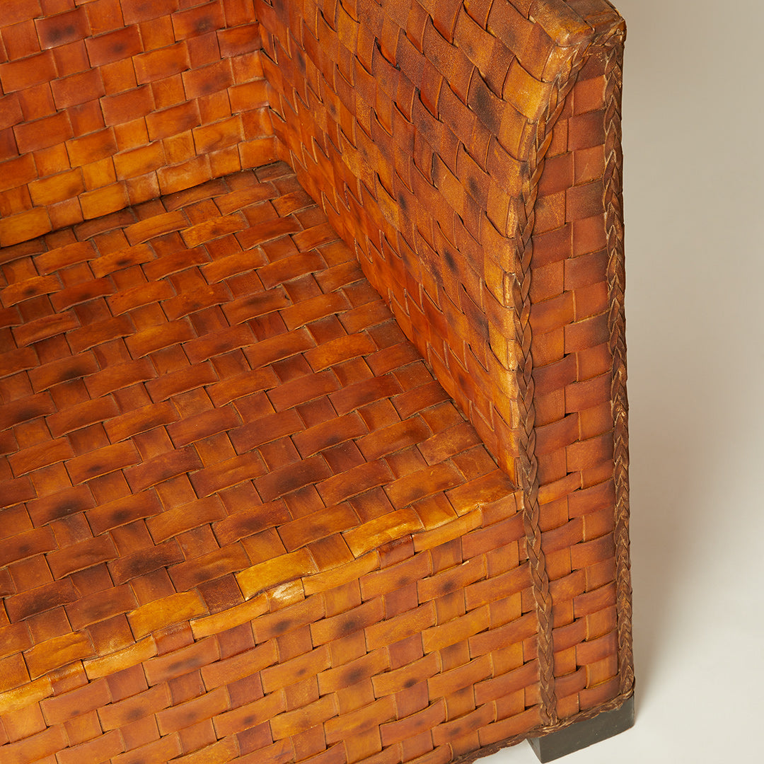 Pair of Rare Spanish Woven Leather Arm Chairs c. 1950s