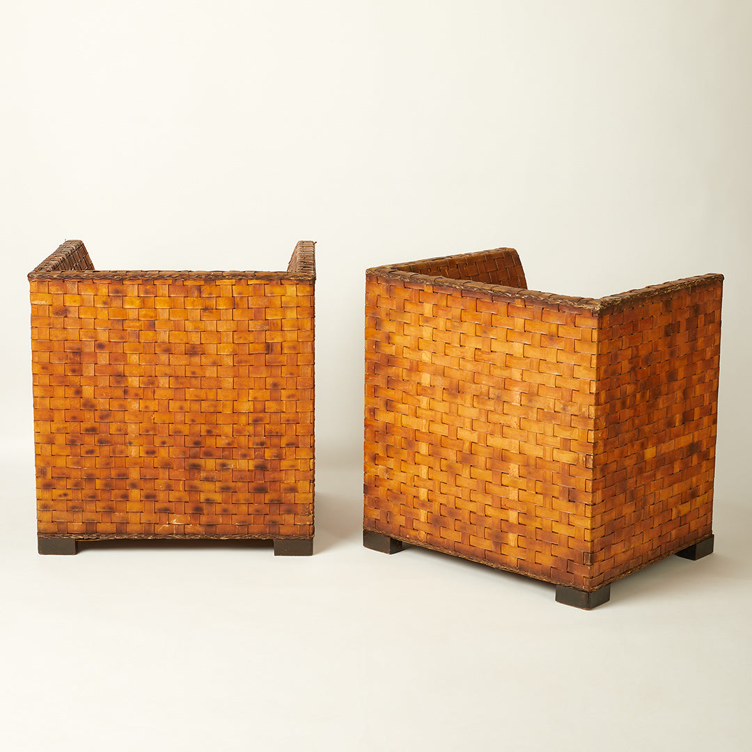 Pair of Rare Spanish Woven Leather Arm Chairs c. 1950s