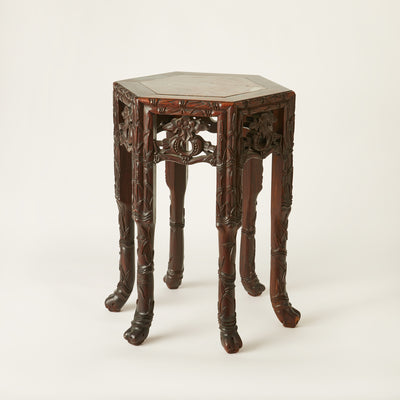 Hexagonal Antique Carved Qing Dynasty Chinese Rosewood Stand with Marble Top c 1880