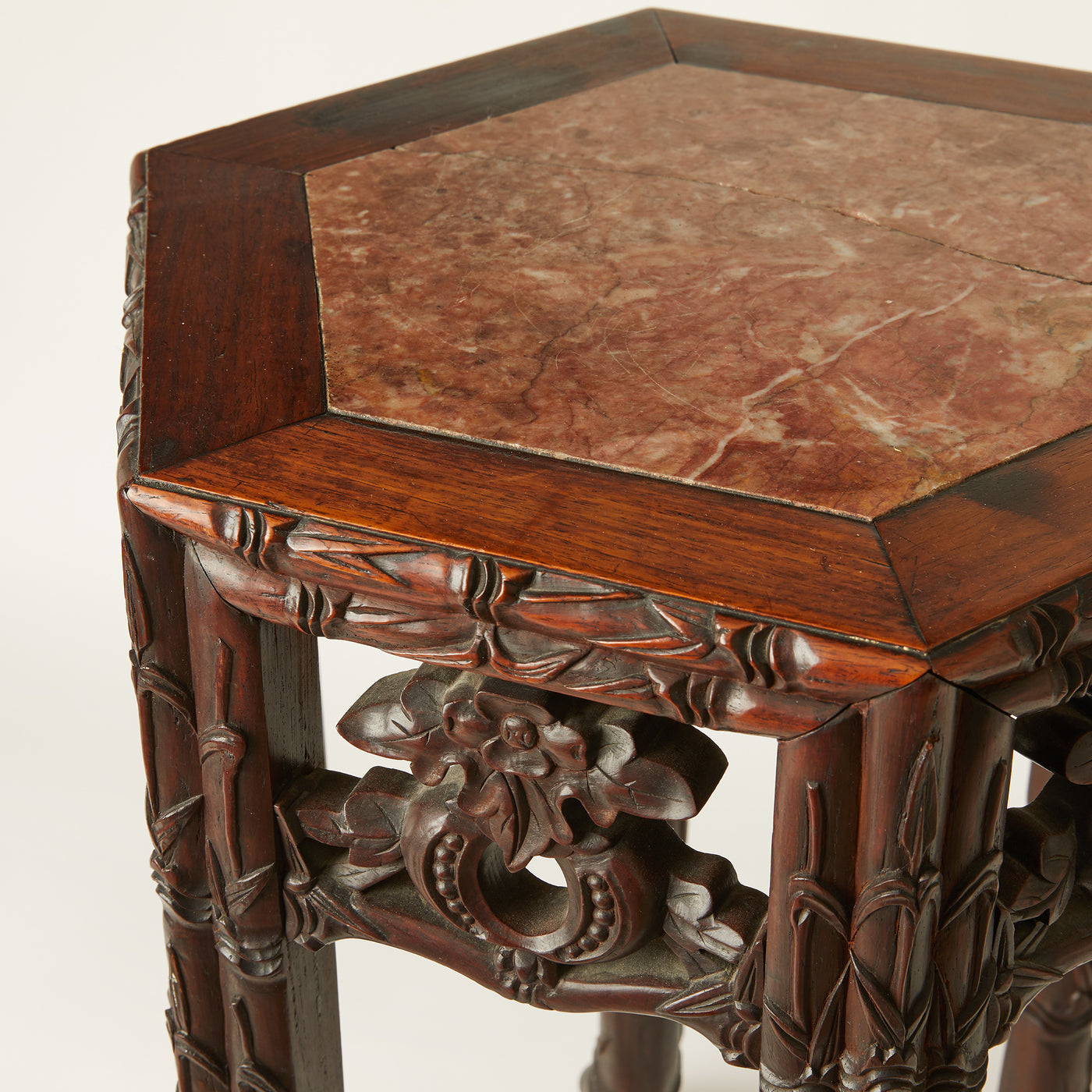 Hexagonal Antique Carved Qing Dynasty Chinese Rosewood Stand with Marble Top c 1880
