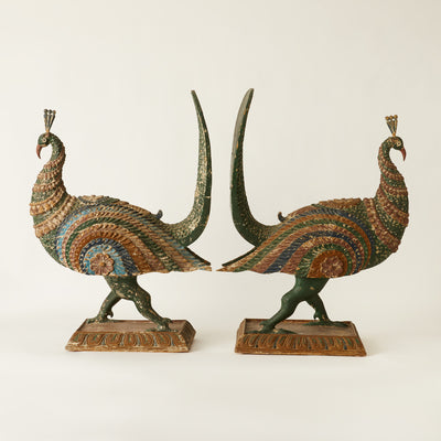 Pair of Painted Carved Wood Peacocks, India c. 1900