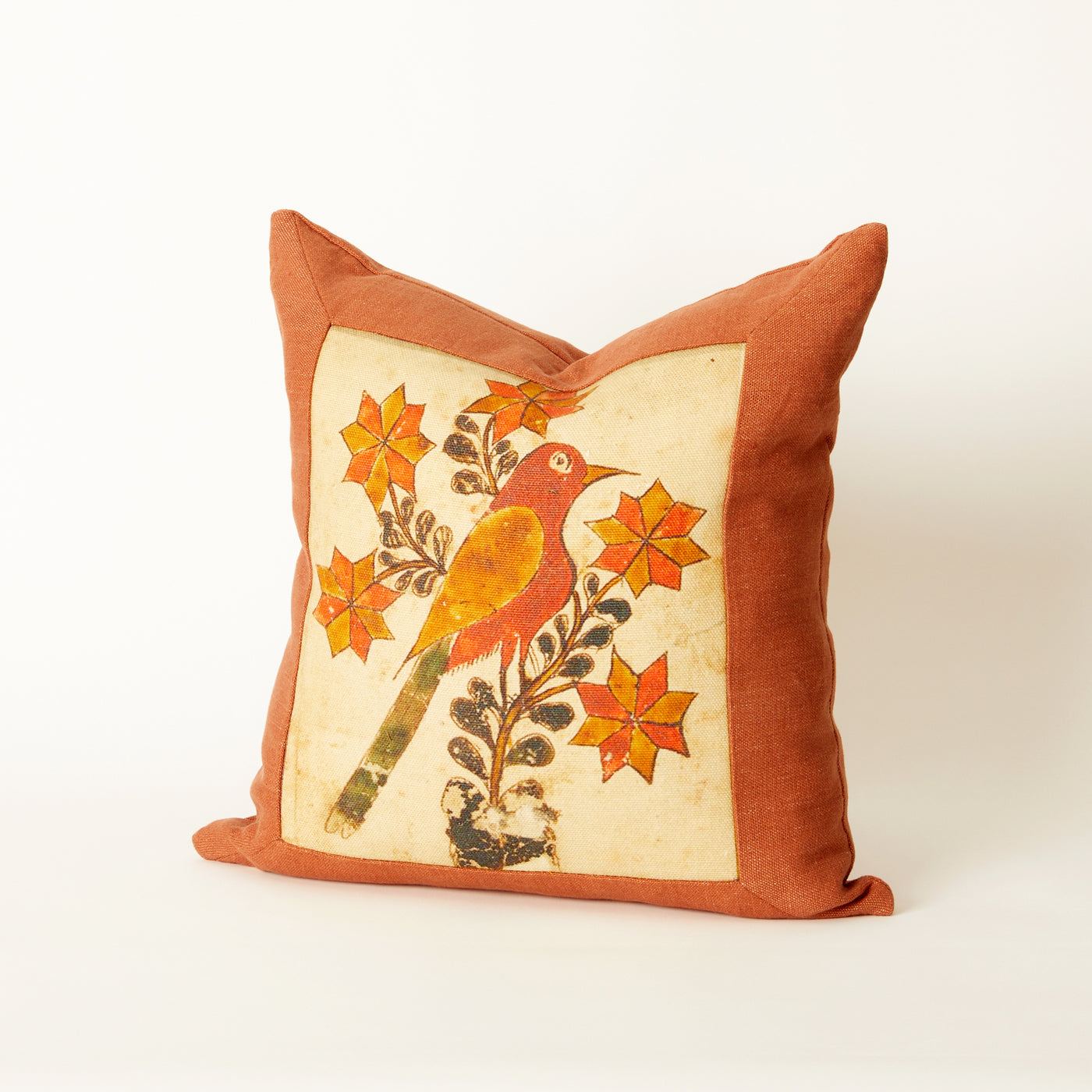 Pillow with Framed Vintage Italian Linen Design (Bird)