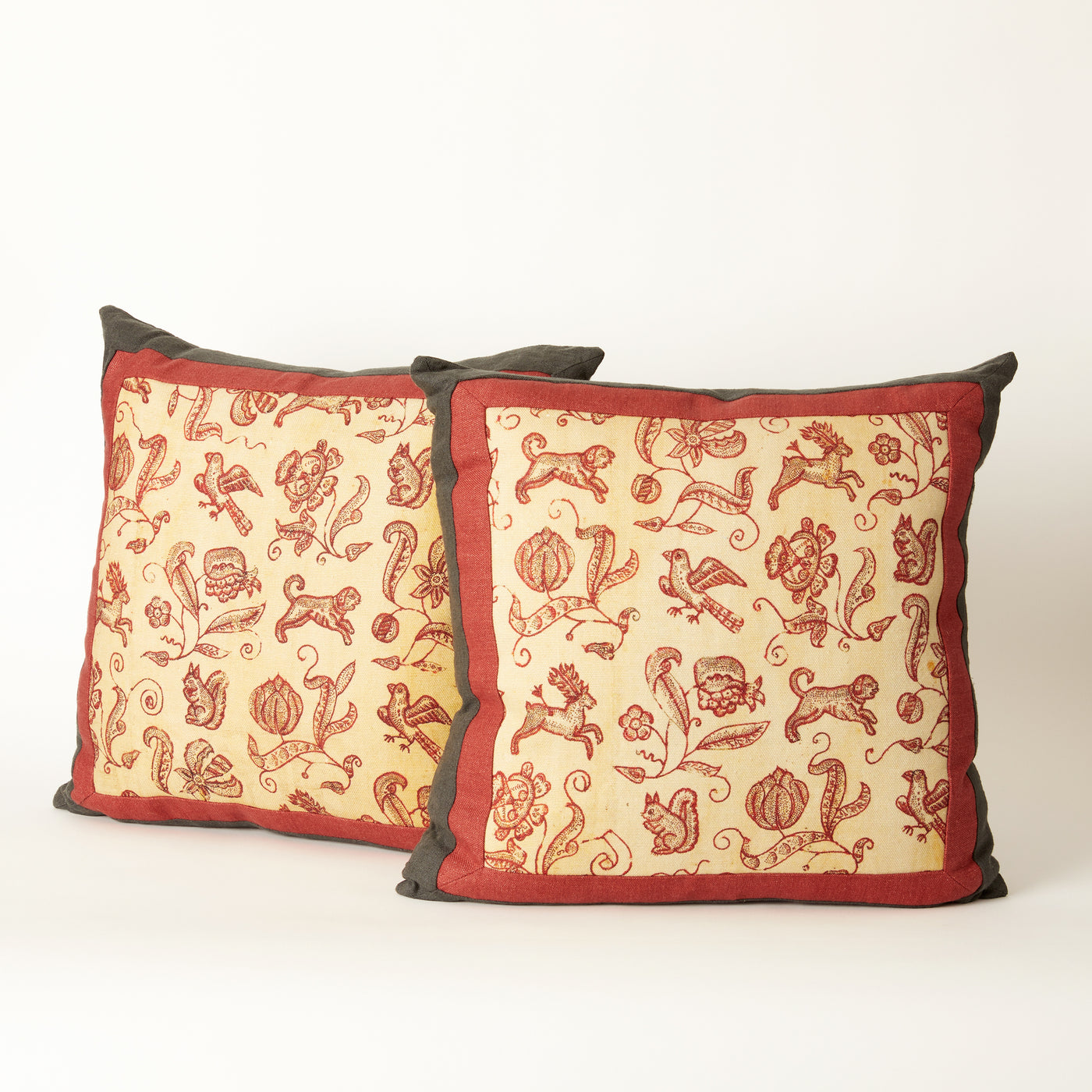Pillow with Framed Vintage Italian Linen Design (Red & Brown)