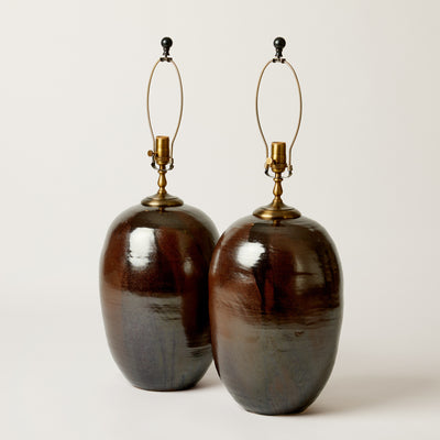 Pair Of Black/Brown Ceramic Lamps By Local Artist