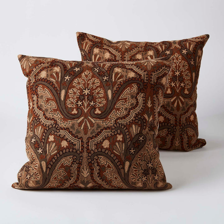 Brown and Gray Crewel Custom Pillow