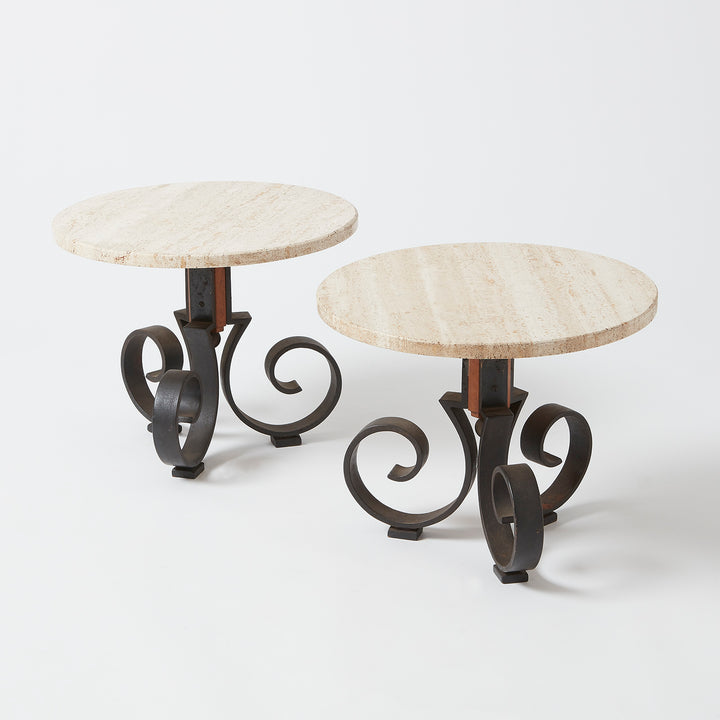 Pair of Small Stone Top Occasional Tables with Decorative Iron Base