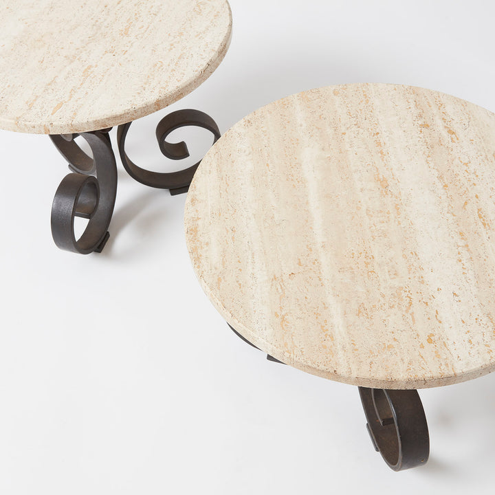 Pair of Small Stone Top Occasional Tables with Decorative Iron Base