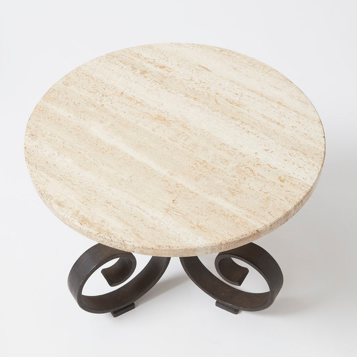 Pair of Small Stone Top Occasional Tables with Decorative Iron Base