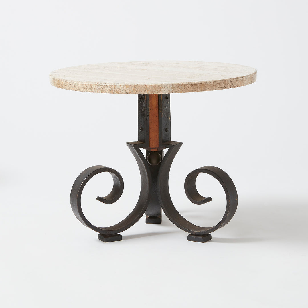 Pair of Small Stone Top Occasional Tables with Decorative Iron Base
