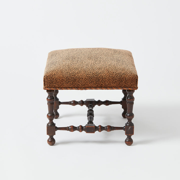 Carved Wooden Ottoman with Velvet Upholstery