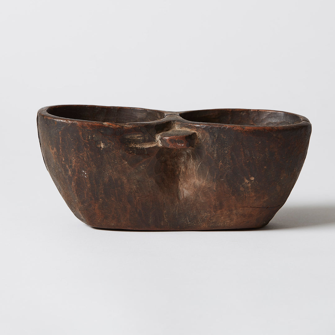 Small Indian Carved Wood Double Bowl