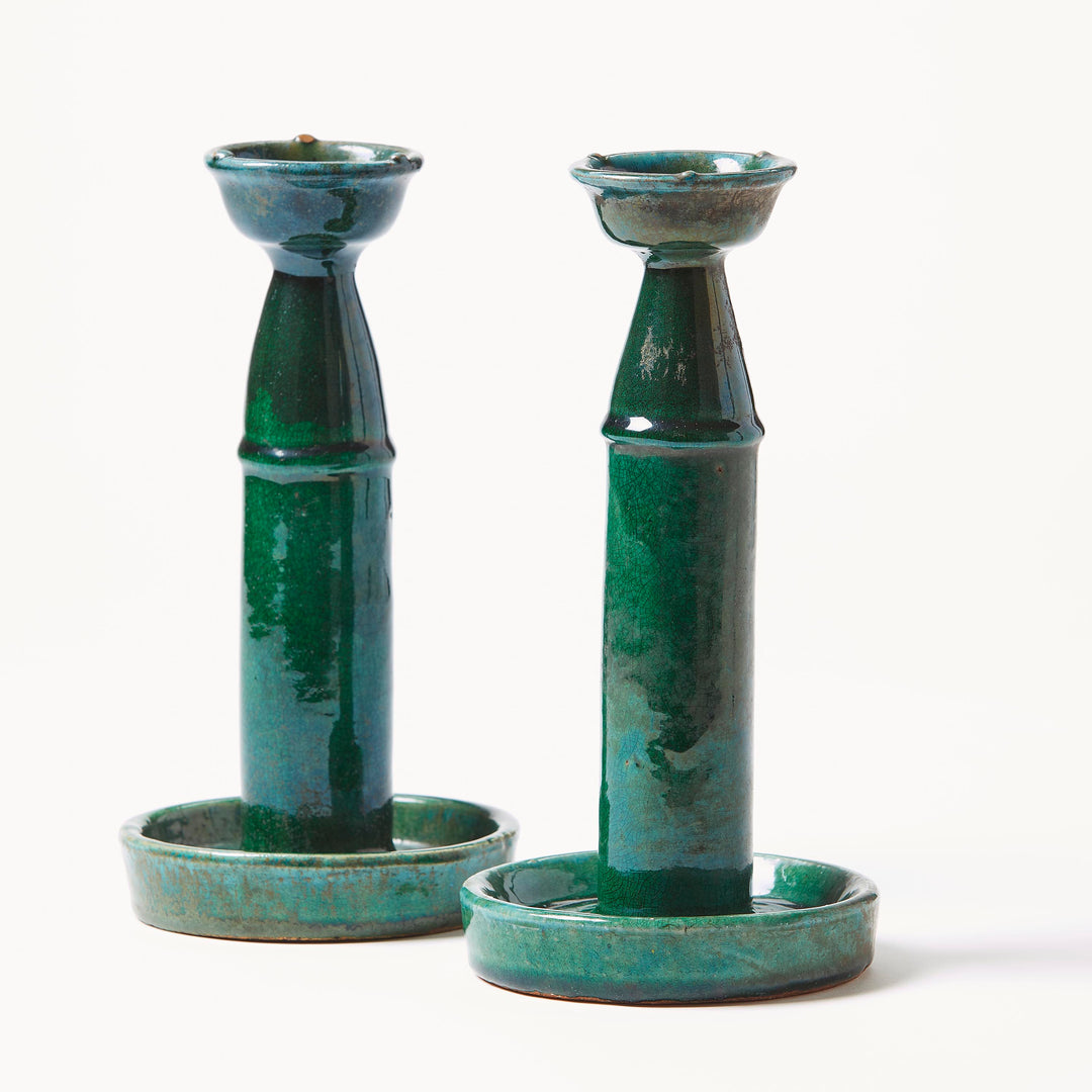 Two emerald ceramic Chinese candle holders, circa 1900 