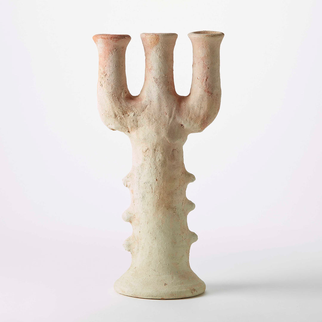 White Moroccan Tamegroute ceramic candelabra with organic branching form