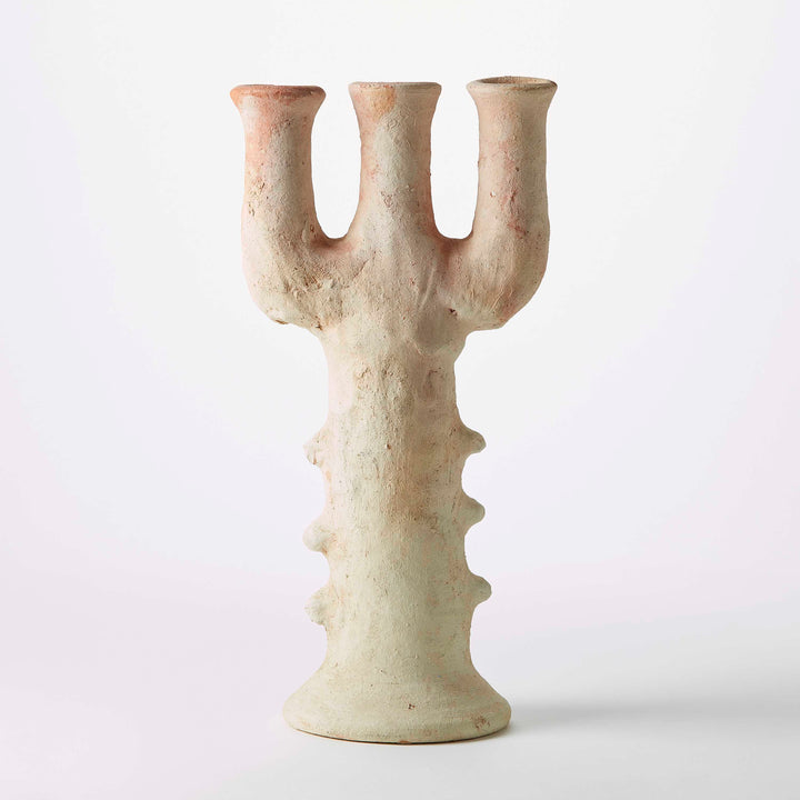 White Moroccan Tamegroute ceramic candelabra with organic branching form