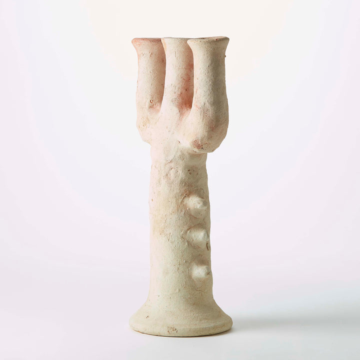 White Moroccan Tamegroute Unglazed Ceramic Candelabra / Sculpture