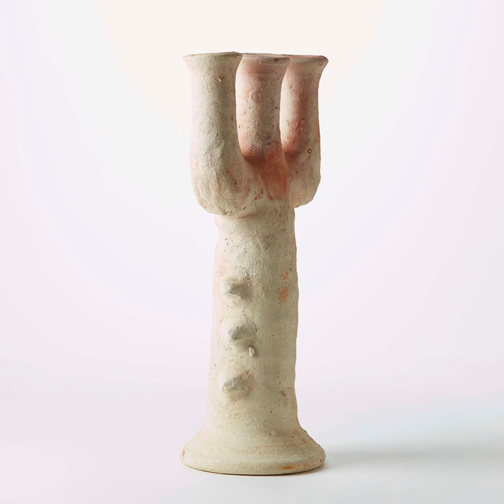 White Moroccan Tamegroute Unglazed Ceramic Candelabra / Sculpture
