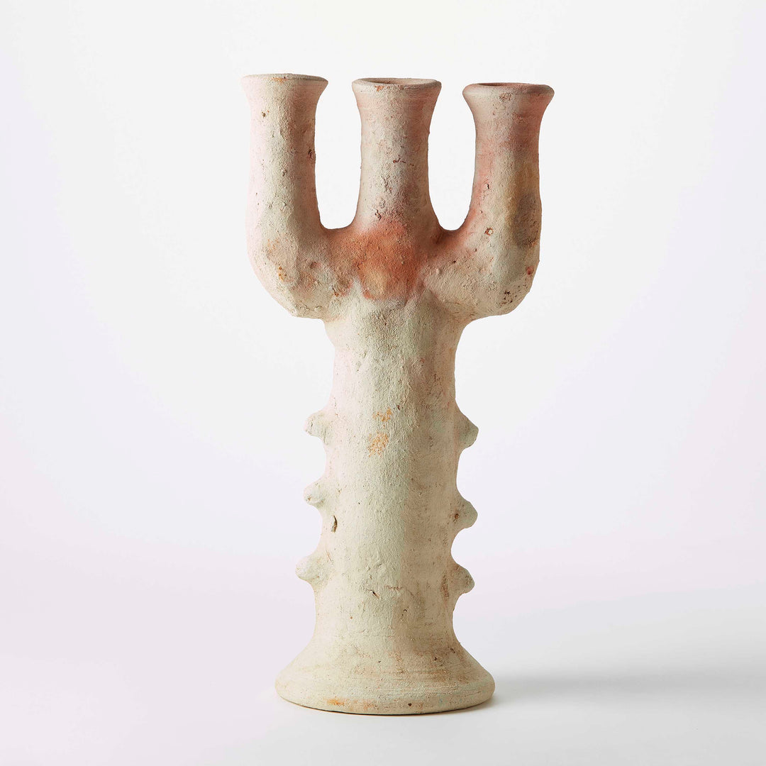 White Moroccan Tamegroute Unglazed Ceramic Candelabra / Sculpture
