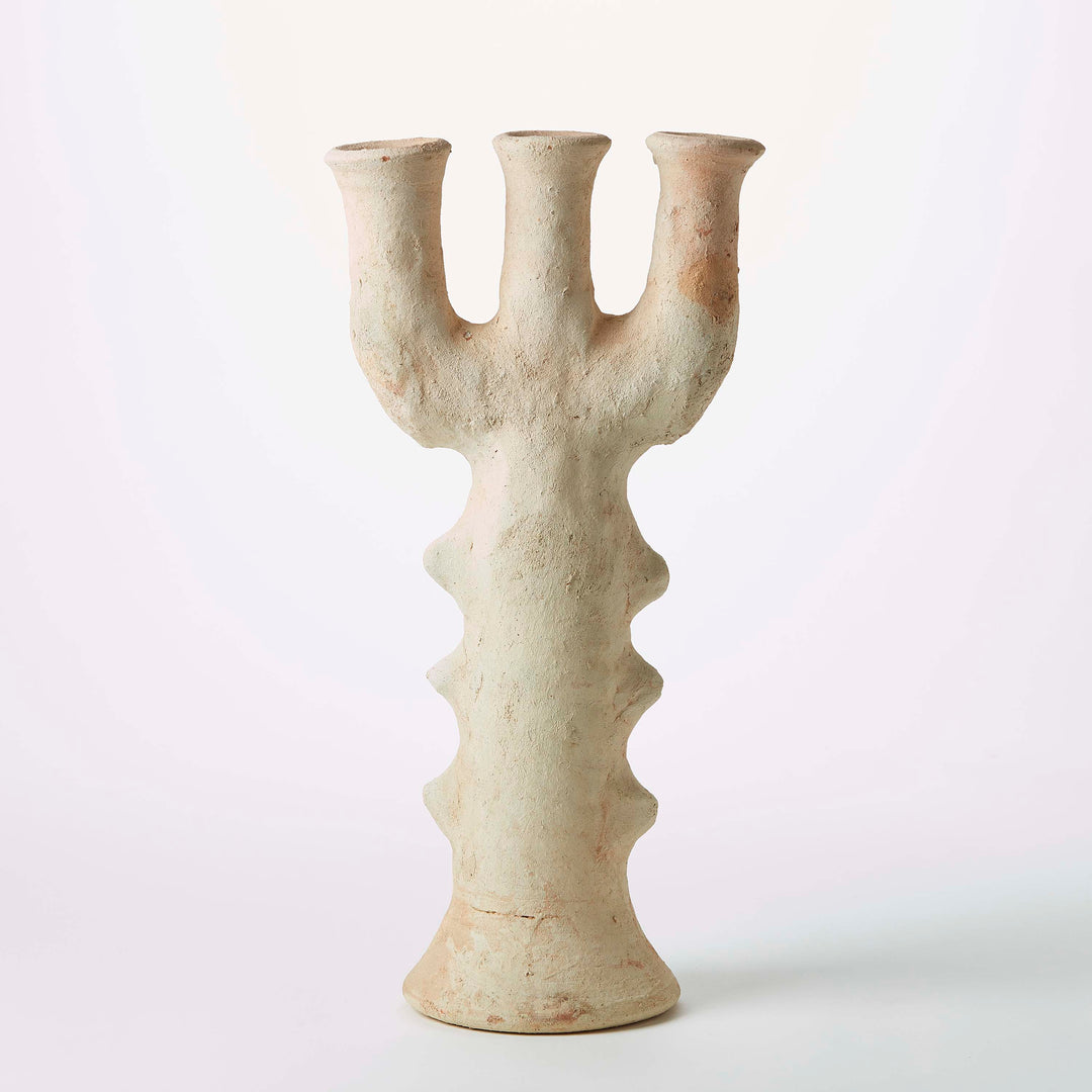 White Moroccan Tamegroute ceramic candelabra with organic branching form