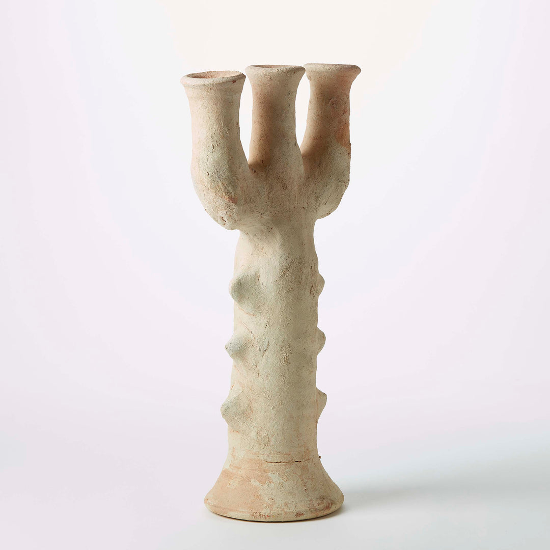 Large White Moroccan Tamegroute Unglazed Ceramic Candelabra / Sculpture
