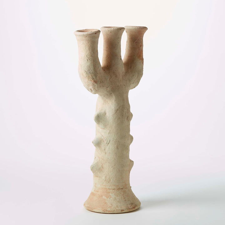 Large White Moroccan Tamegroute Unglazed Ceramic Candelabra / Sculpture