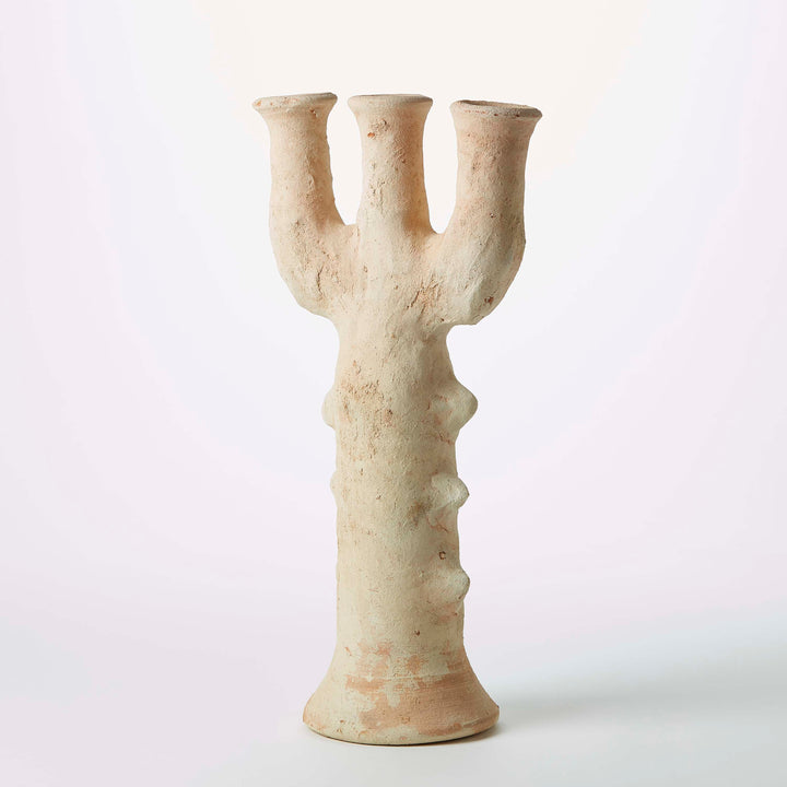 Large White Moroccan Tamegroute Unglazed Ceramic Candelabra / Sculpture