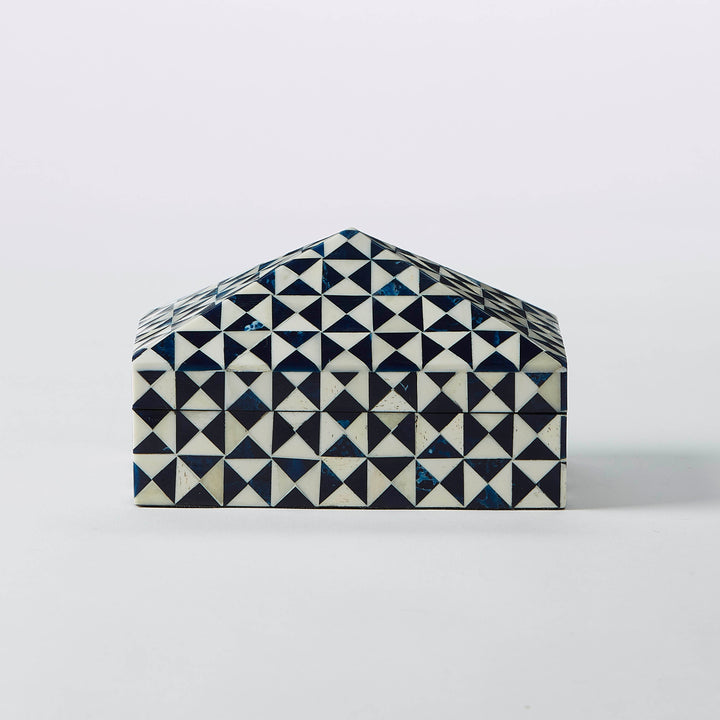 Blue and ivory geometric inlaid box with gabled lid and detailed triangle motif