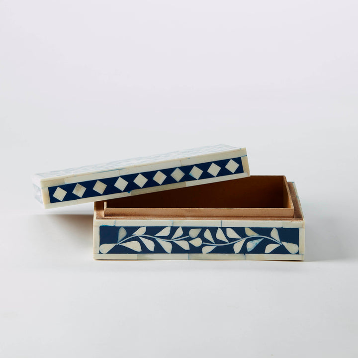 Blue &amp; White Inlaid Bone Box with Floral and Diamond Motif