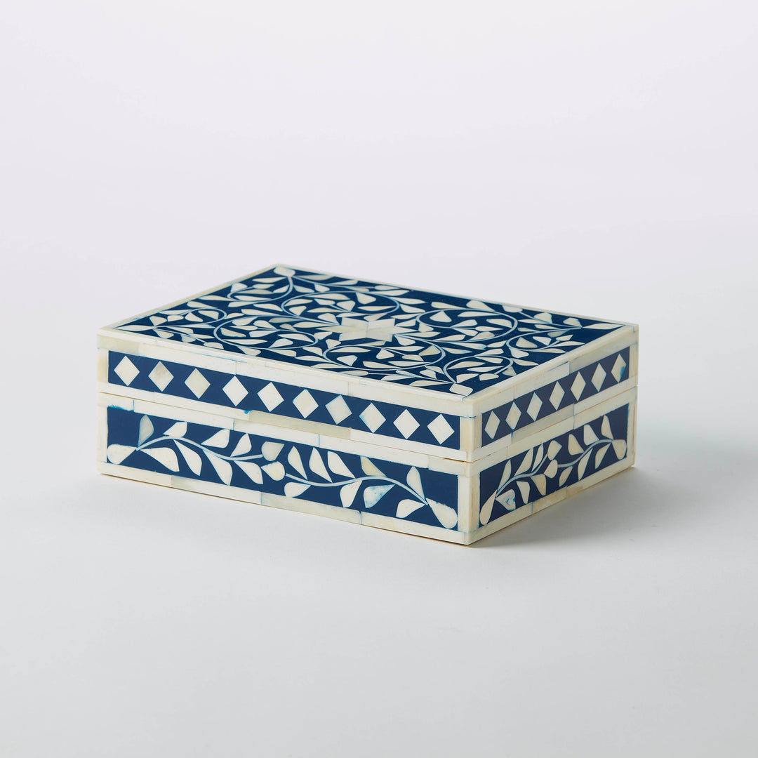 Blue &amp; White Inlaid Bone Box with Floral and Diamond Motif