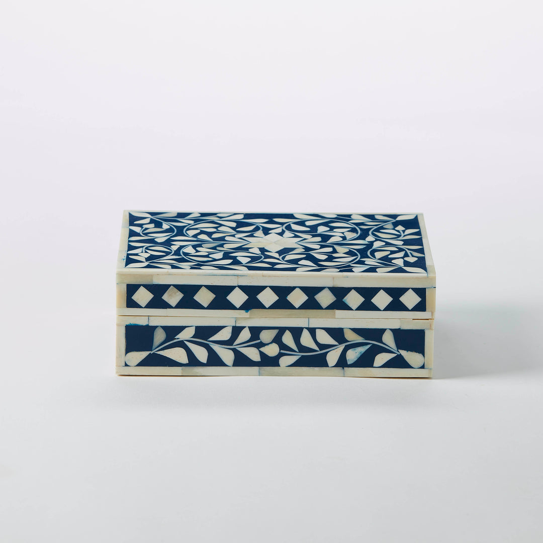 Blue and white inlaid bone decorative box with floral and diamond motif