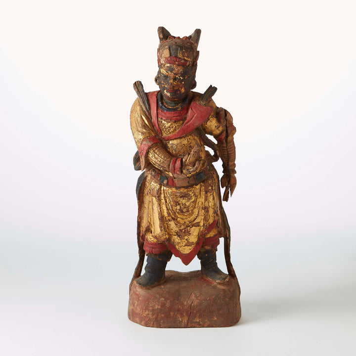 Carved Wooden Budah Temple Guardian Figure with original gilt and polychrome. 
