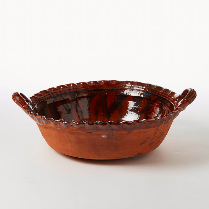 Mexican glazed terracotta bowl with scalloped rim and side handles