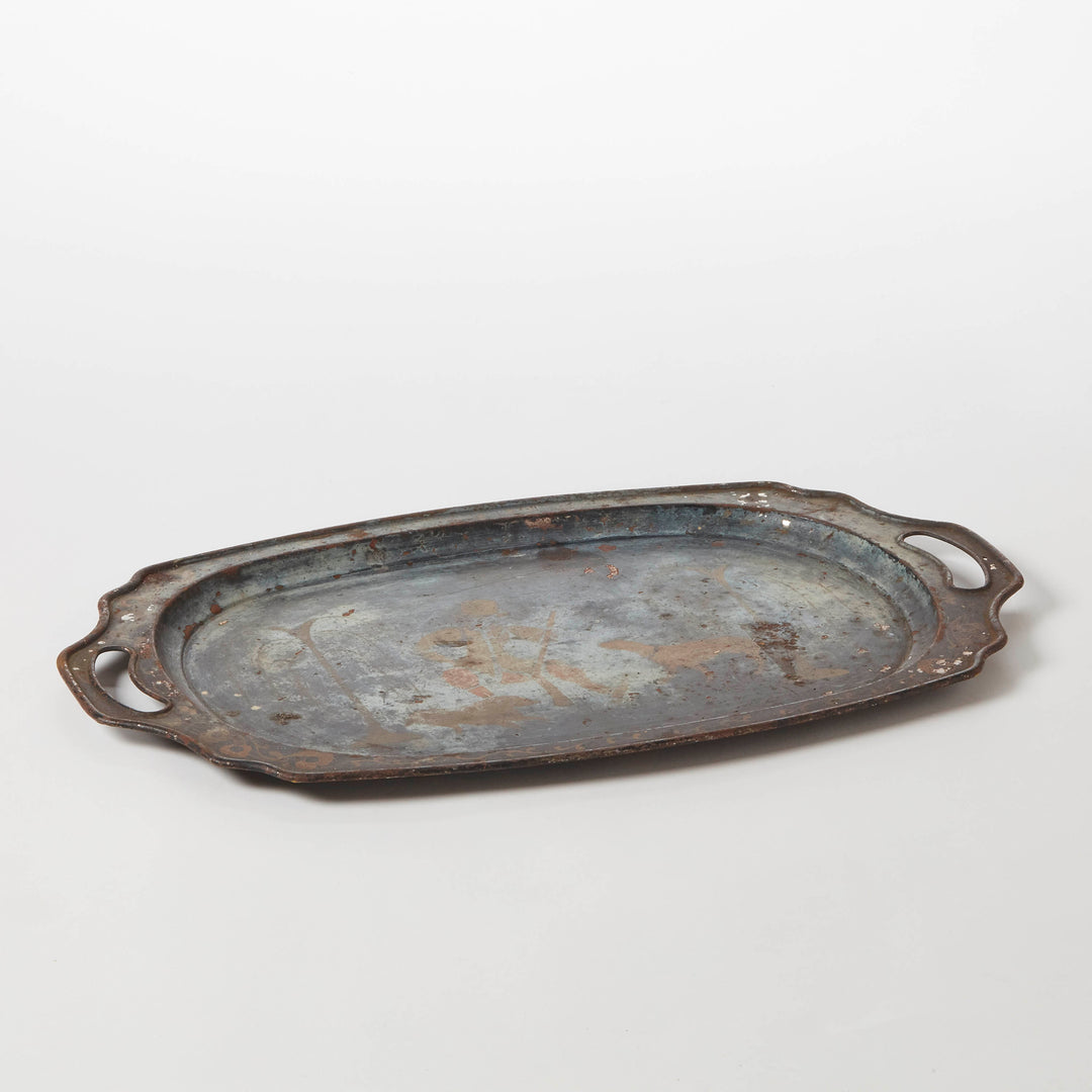 Antique English Grey "Steeled" Tole Tray, Regency, Classical Figure &amp; Hounds, Early 19th C.