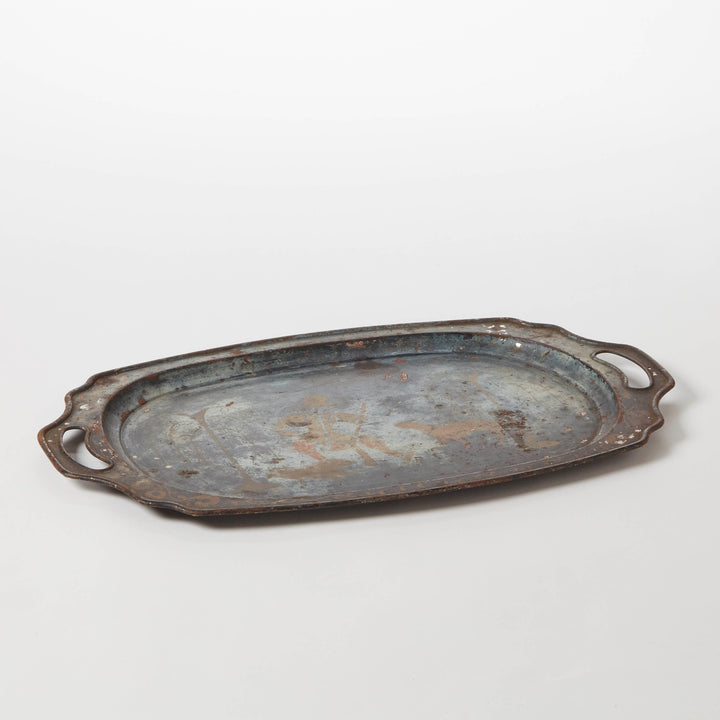 Antique English Grey "Steeled" Tole Tray, Regency, Classical Figure &amp; Hounds, Early 19th C.