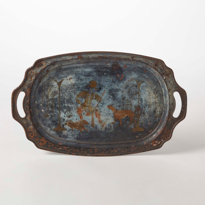 Early 19th Century English Tole Hunting Tray with man hunting and dogs